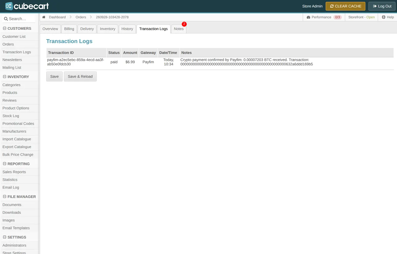 Order > Transaction Logs