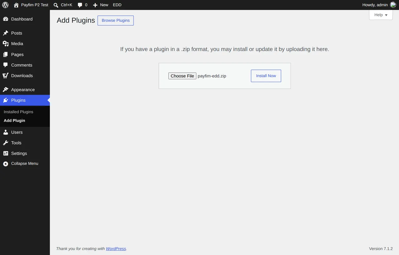 Plugins > Add New Plugin > Upload Plugin
