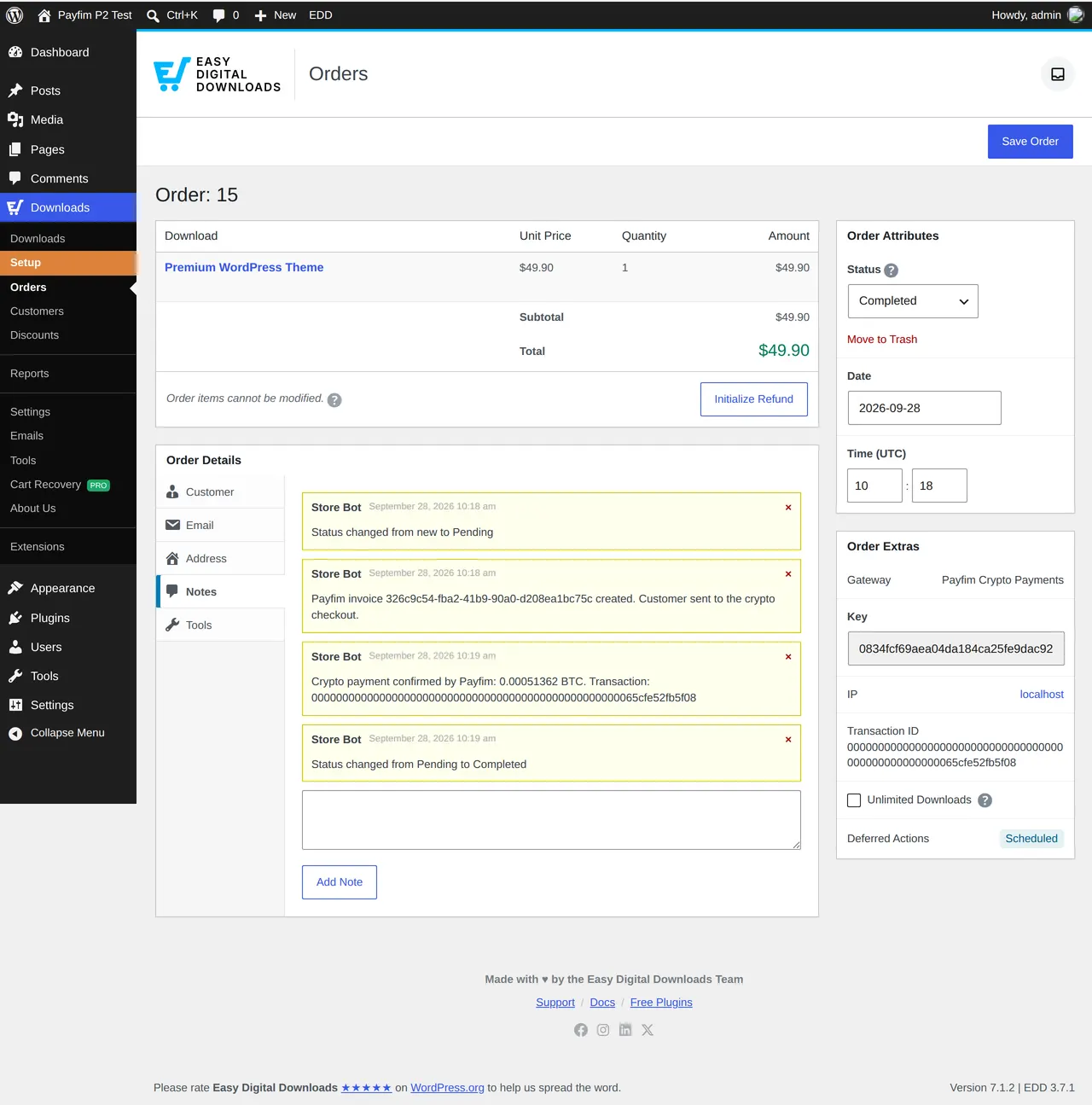 Downloads > Orders > order details: Completed, transaction ID and Payfim notes