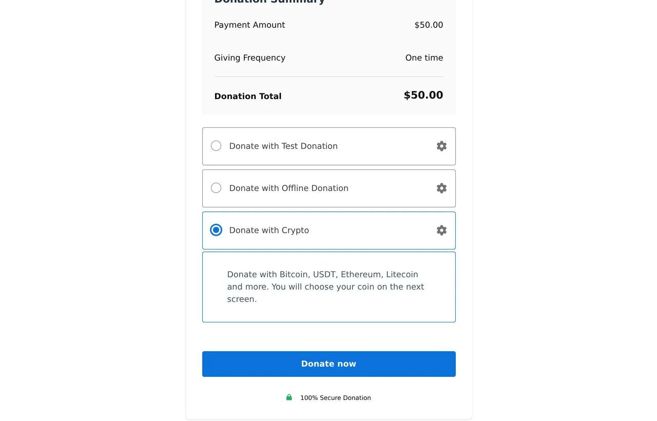 A visual builder form with Donate with Crypto selected