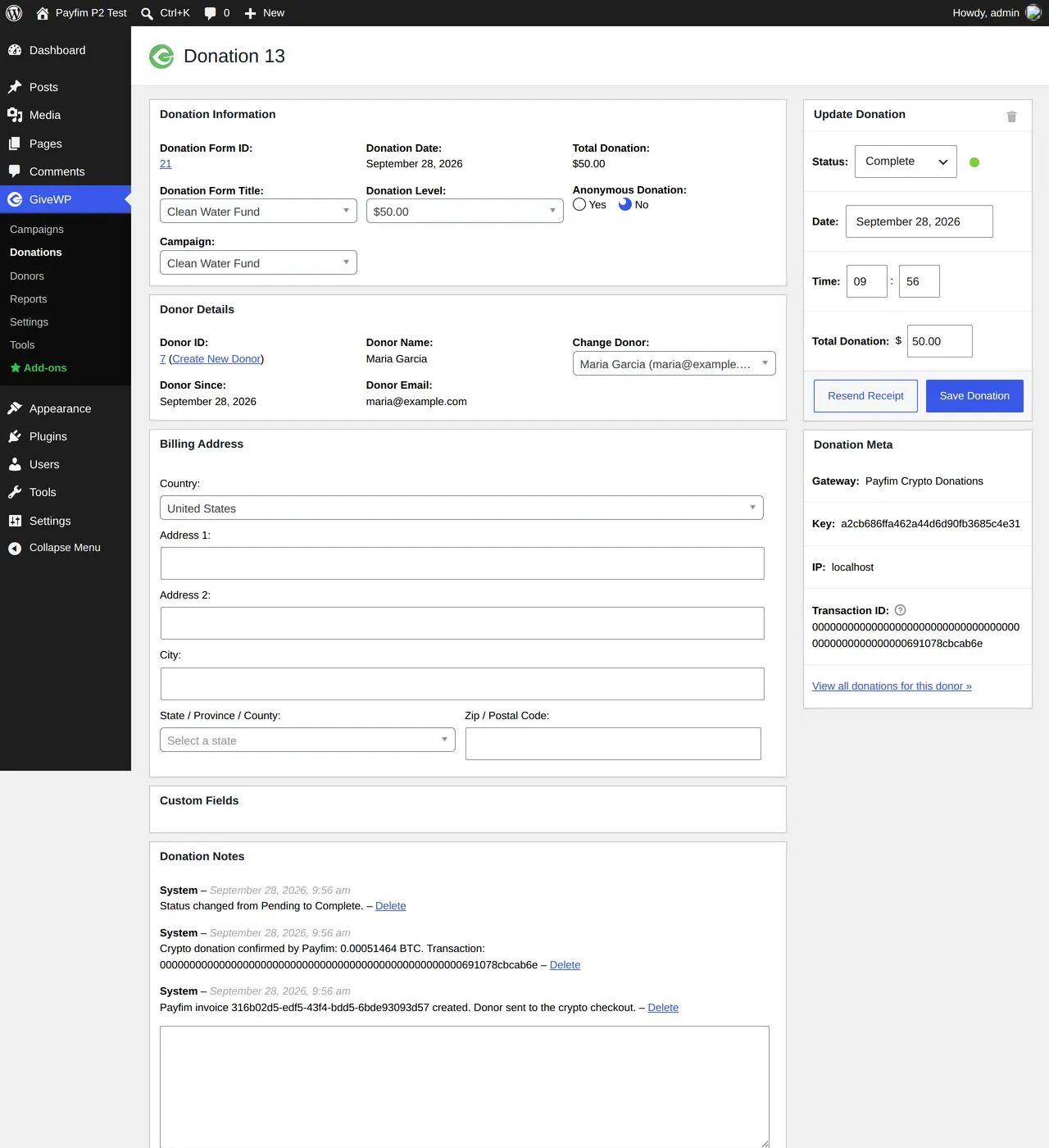 Donation details: Complete, transaction ID and Payfim notes