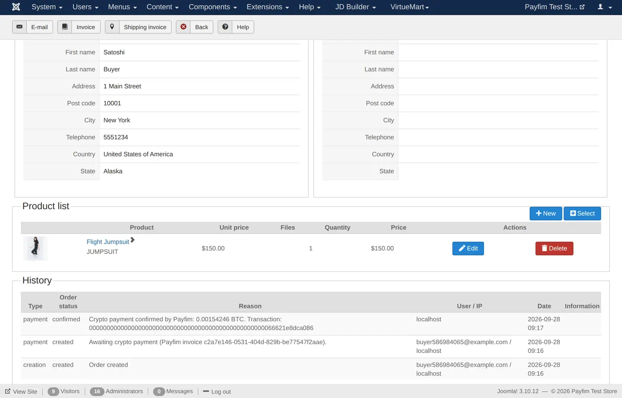 Order history after a confirmed crypto payment.