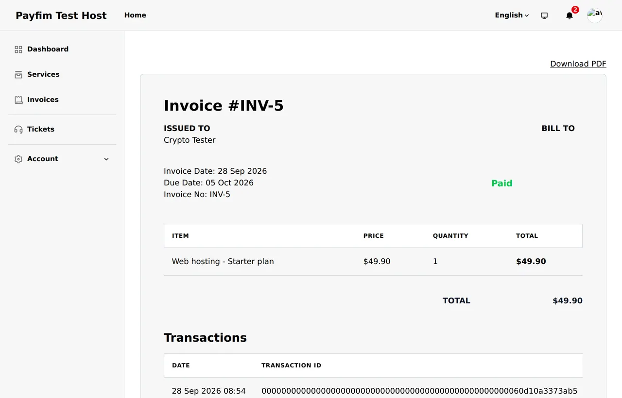 Paid invoice with the transaction hash