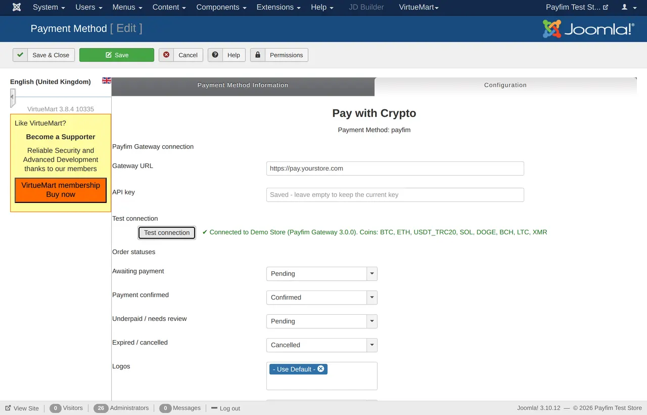 Payment method configuration with a successful connection test (VirtueMart 3.8 admin; the fields are identical in VirtueMart 4).