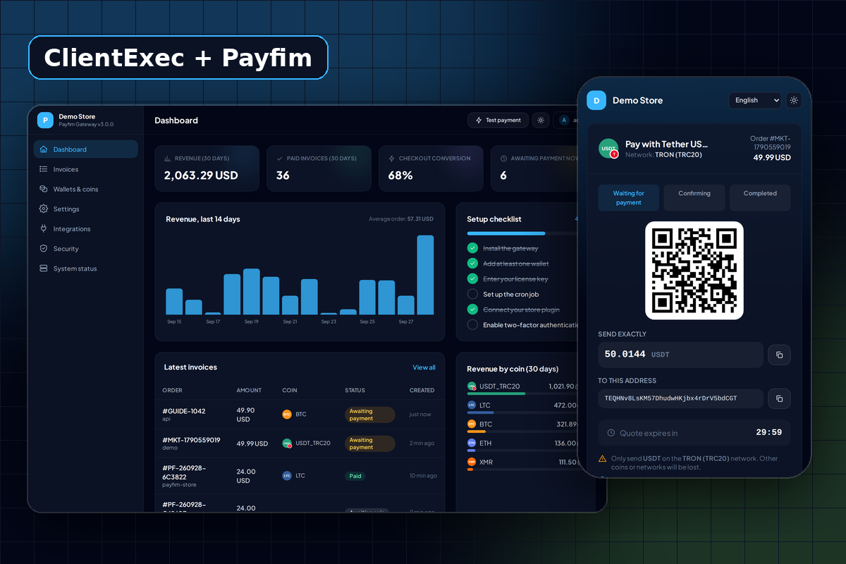 ClientExec and Payfim: crypto payment dashboard alongside a QR code checkout for USDT on TRON