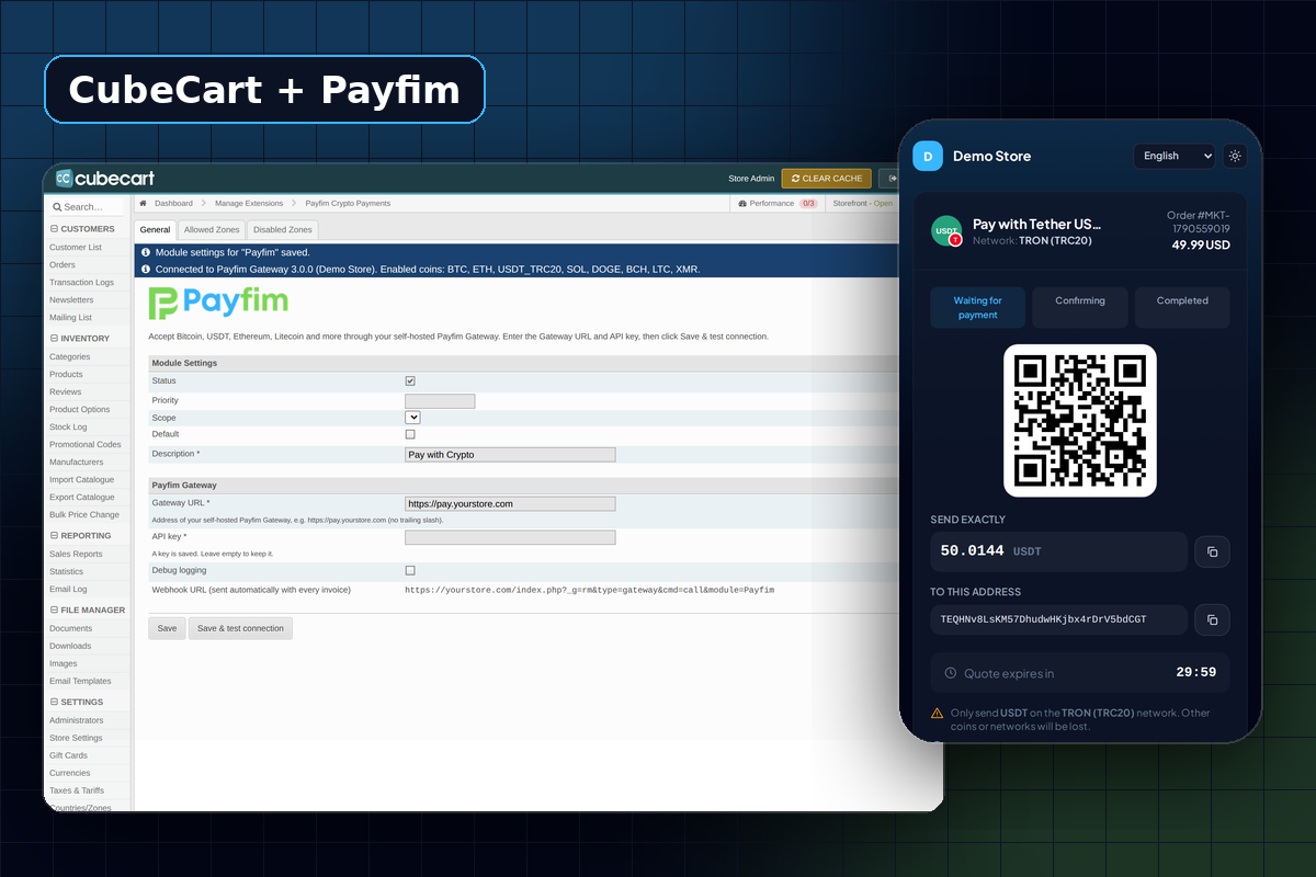 CubeCart order confirmation page after a crypto payment through Payfim