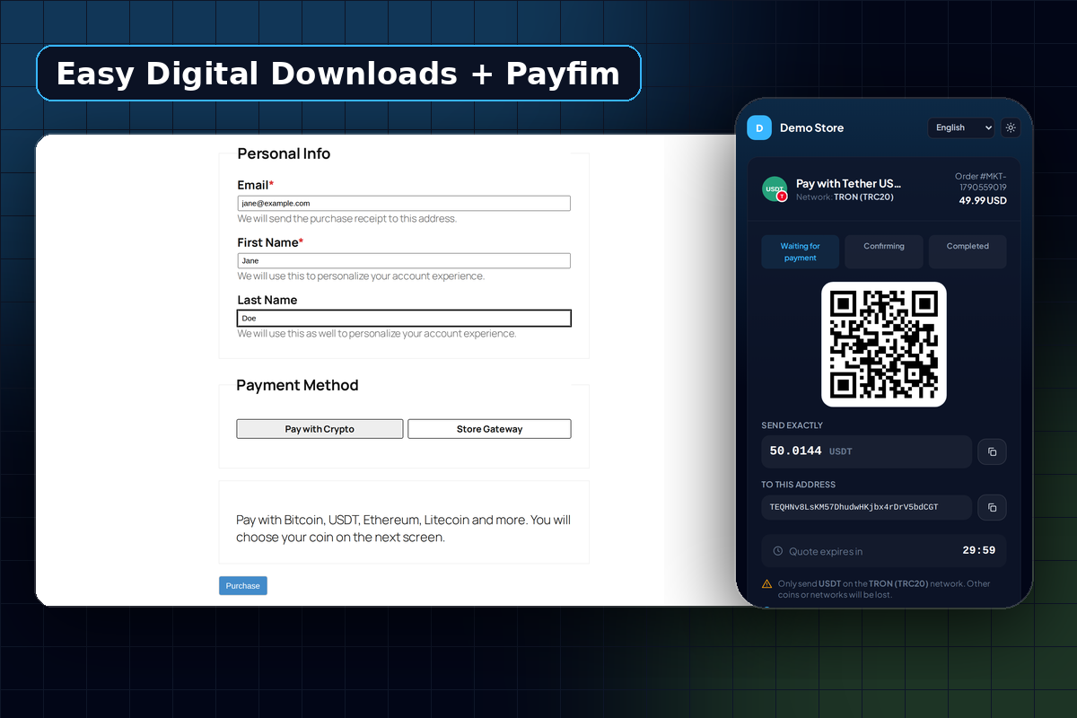Easy Digital Downloads checkout with Pay with Crypto selected, powered by Payfim