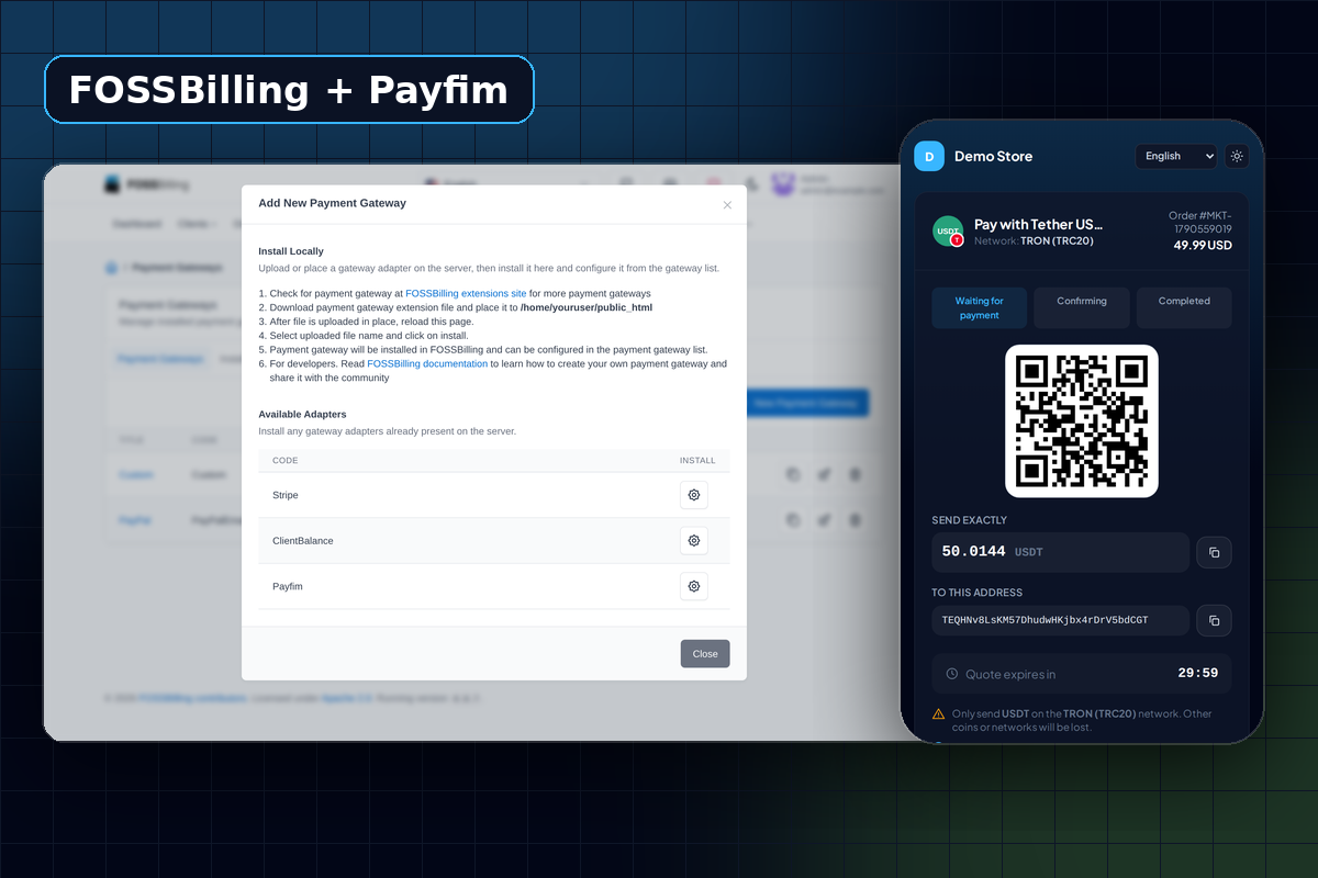 FOSSBilling and Payfim: crypto gateway dashboard beside a checkout asking for USDT on TRON
