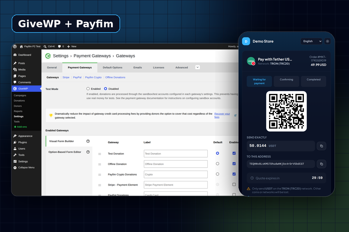 GiveWP donation form with Donate with Crypto selected, powered by Payfim