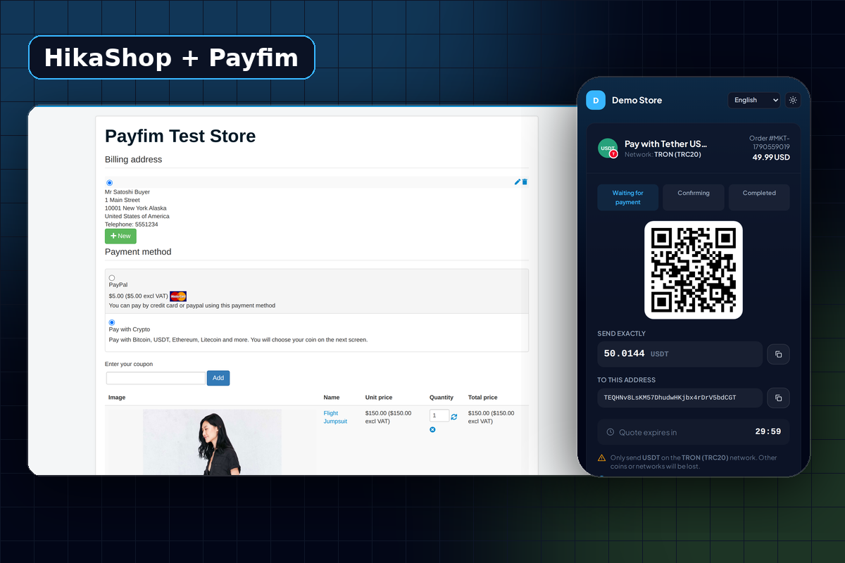 HikaShop checkout payment step showing Pay with Crypto by Payfim