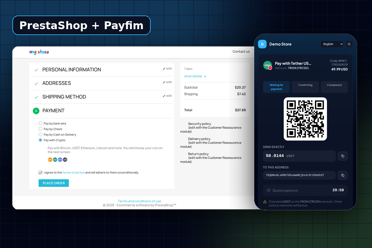 PrestaShop and Payfim: merchant dashboard with crypto revenue and a customer checkout for USDT on TRON