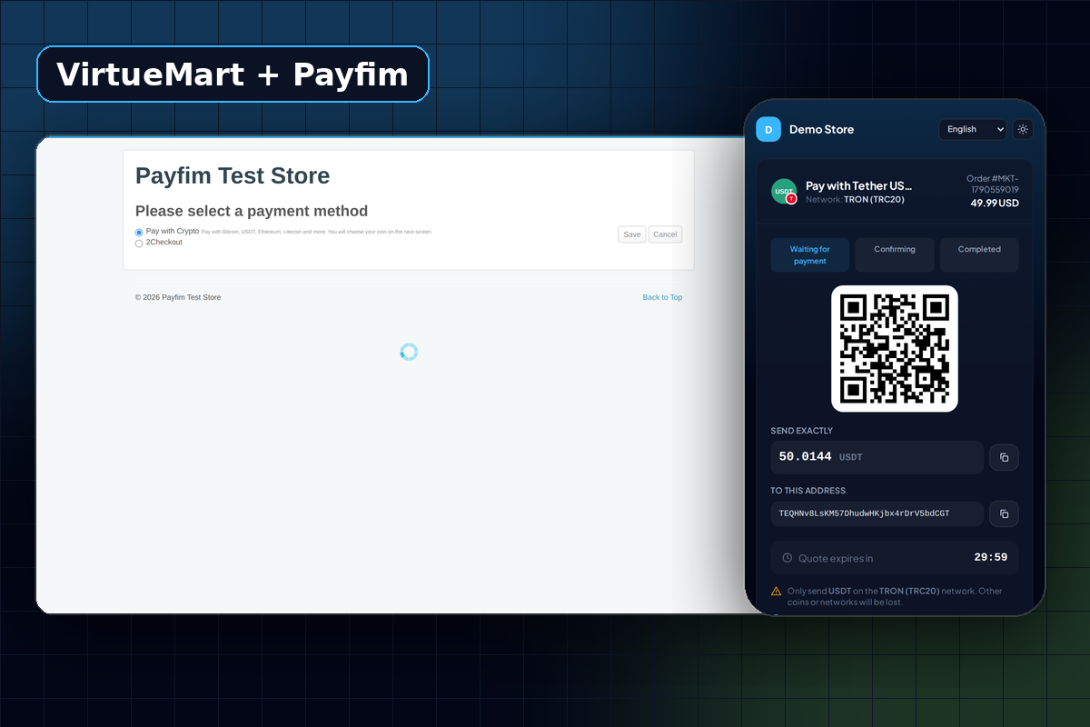 VirtueMart cart payment step with the Pay with Crypto method powered by Payfim