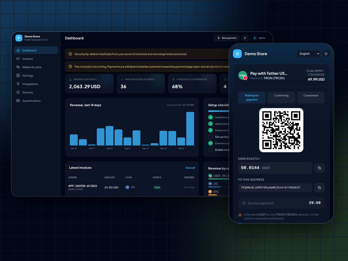 Payfim crypto checkout showing a Bitcoin QR code payment with live blockchain status